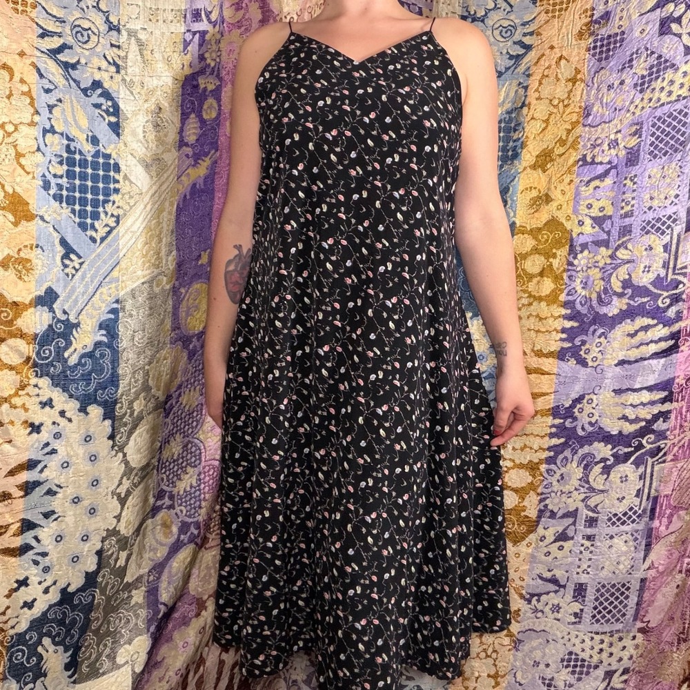 Black All Over Whimsical Floral Print Bohemian Chic Maxi Slip Dress Size L